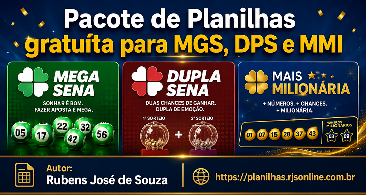 Pacote de Planilhas Gratuitas Mega-Sena, Dupla Sena e +Milionária
